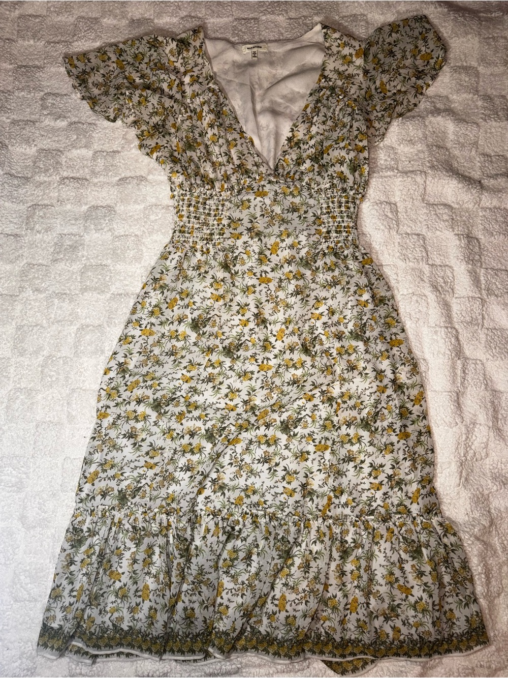 Floral V-Neck Smocked Waist Midi Dress - White & Yellow